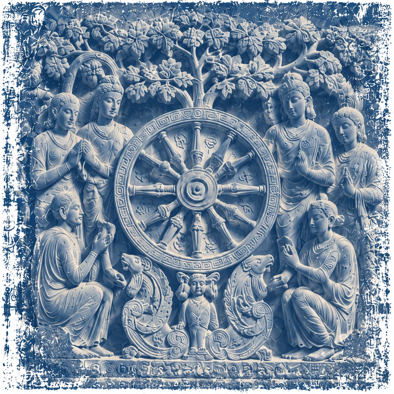 蓝色斑驳版画风格的法轮与犍陀罗浮雕