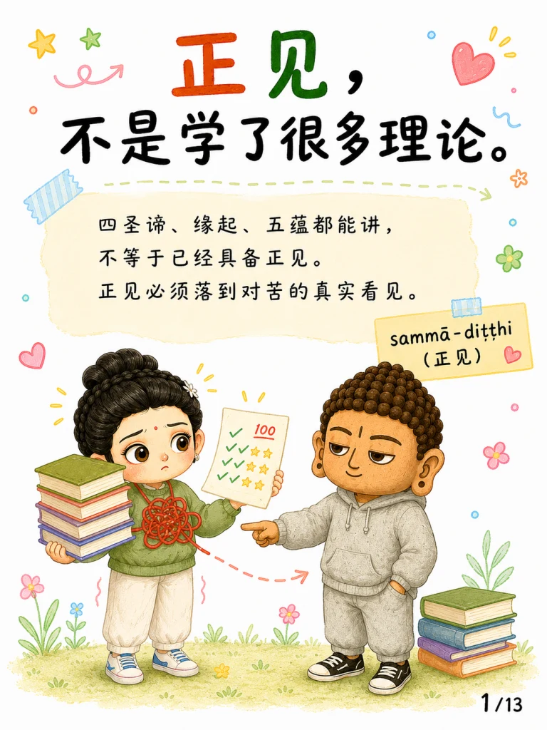 弛放小女孩思考，法心老师卡通形象指向如实知见、厌、离贪与解脱的次第