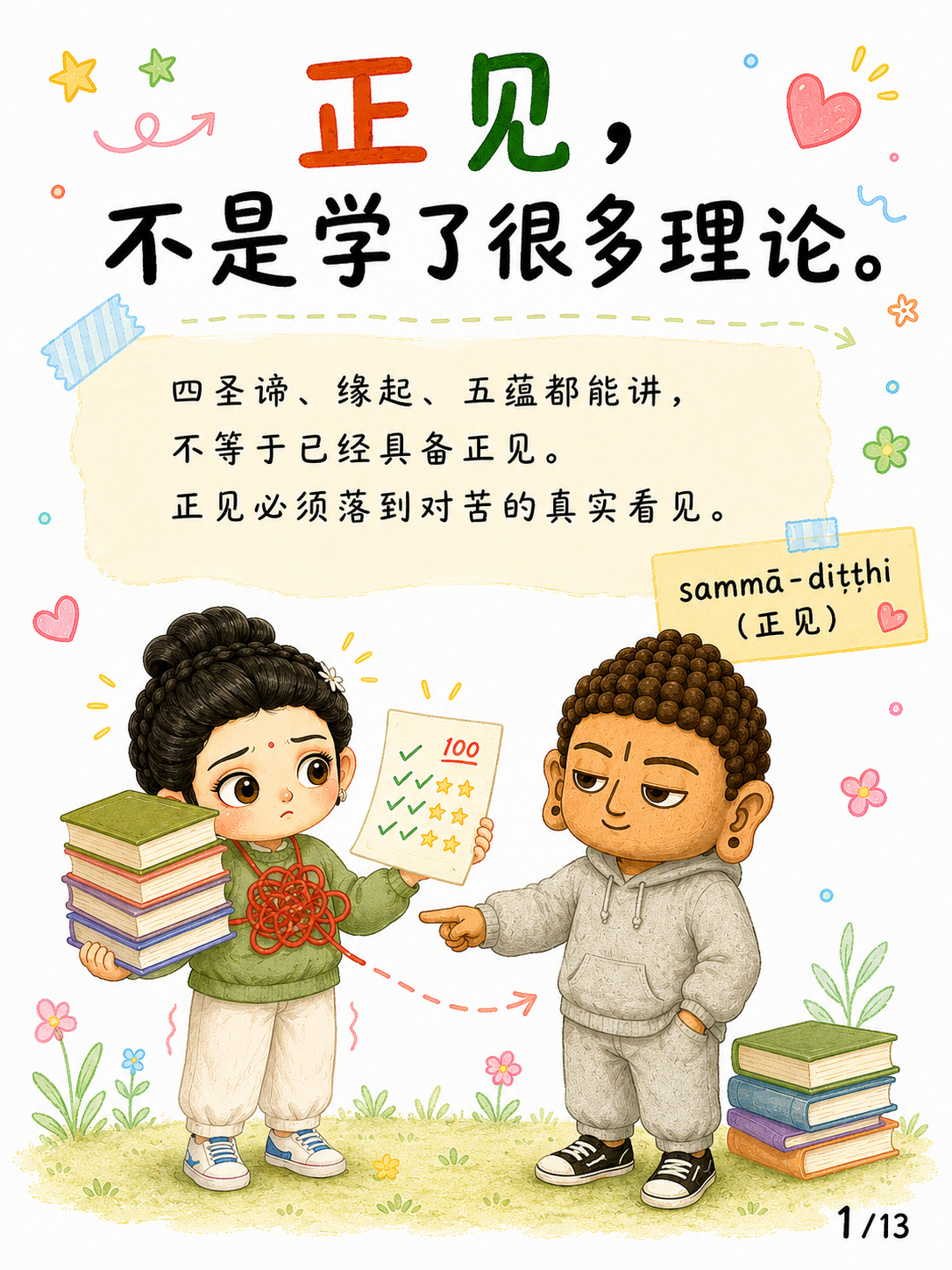 弛放小女孩思考，法心老师卡通形象指向如实知见、厌、离贪与解脱的次第